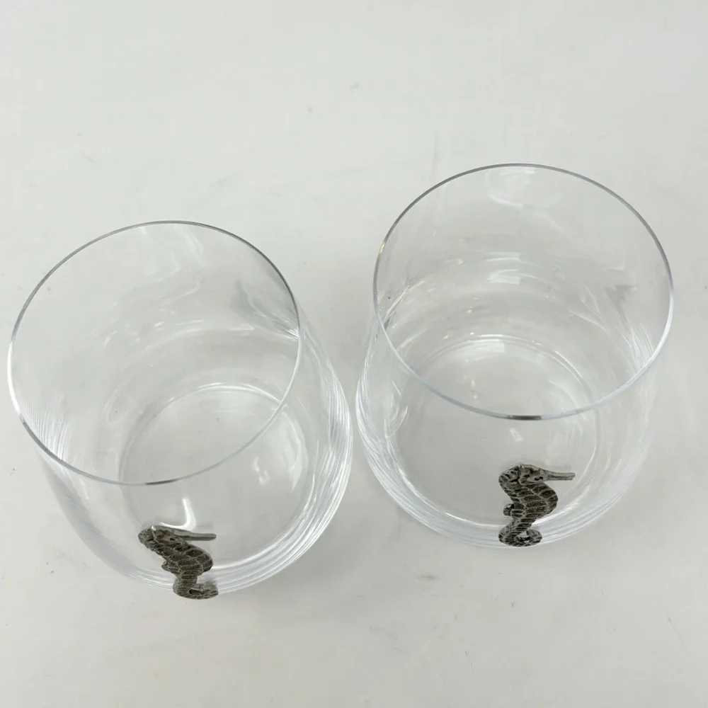 MENAGERIE Stemless Wine Cognac Glasses Set of 2 Pewter Seahorse Coastal Decor